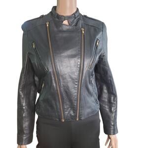 Vintage 90s Wilsons Leather Size 6 (10 )Black Cropped Moto Biker Jacket Zips